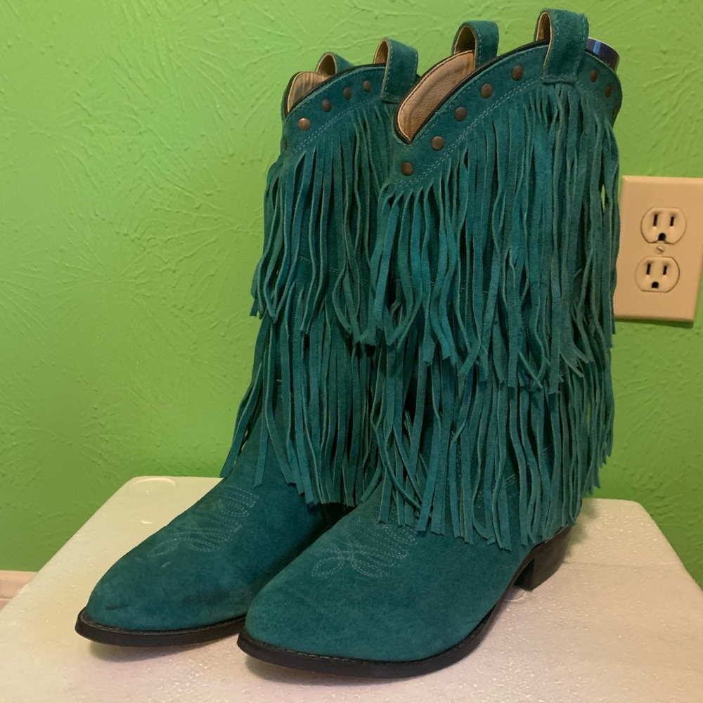 Smoky mountain suede teal fringe boots